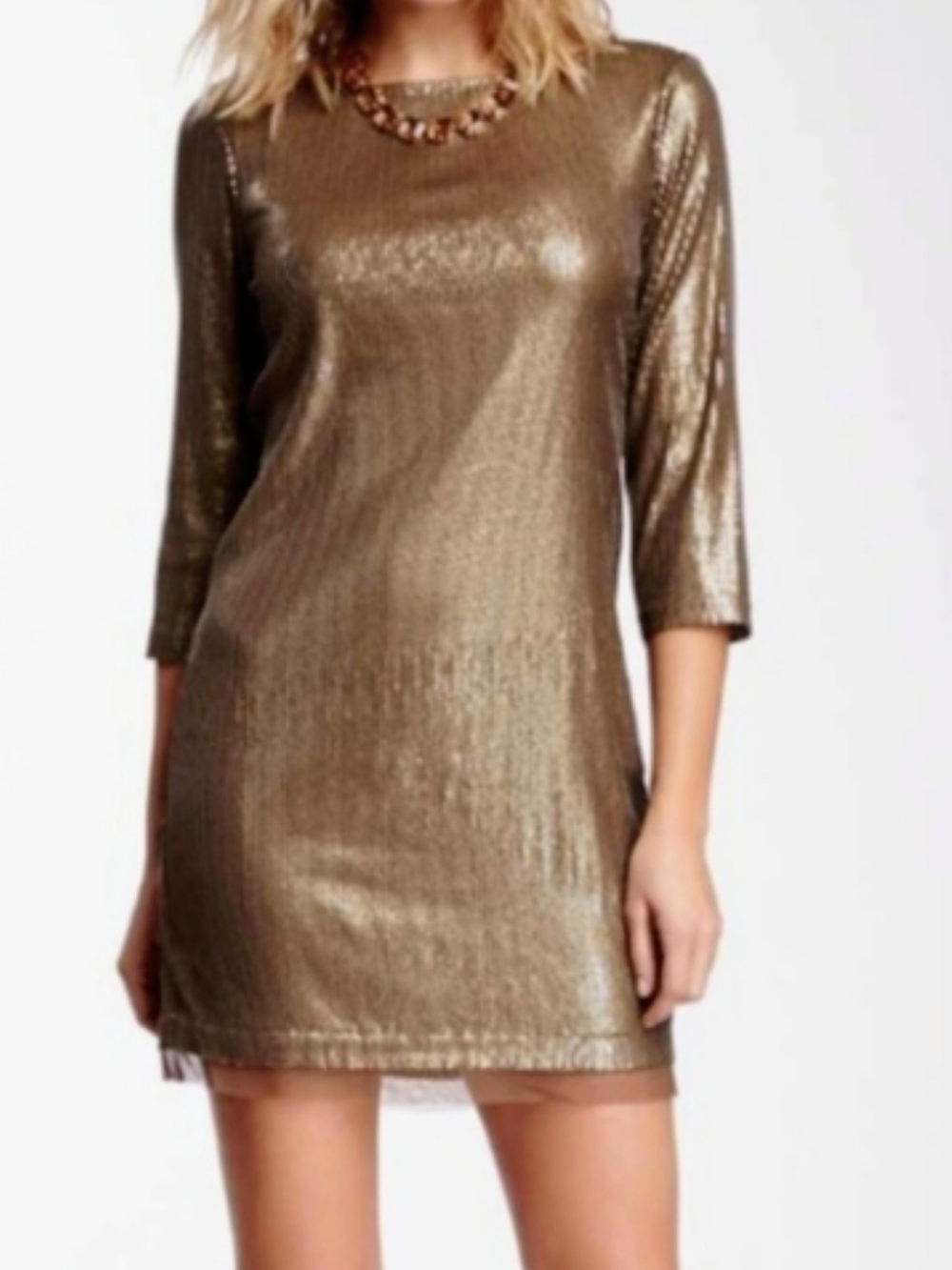Michael Stars Gold Sequin 3/4 Sleeve Mini Shift Dress Size XS